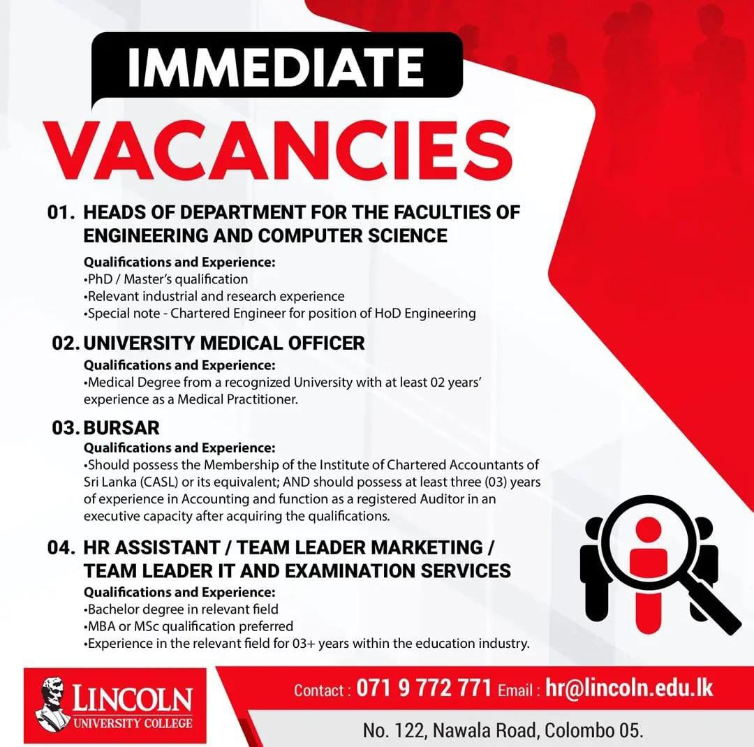 Medical officer Head Bursar HR Marketing IT & Exam Jobseeker.lk
