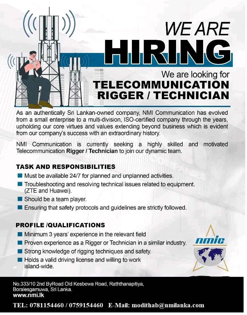 Telecommunication Rigger/ Technician - Jobseeker.lk