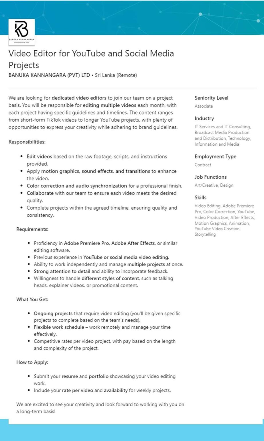 Video Editor Remote Jobseeker.lk