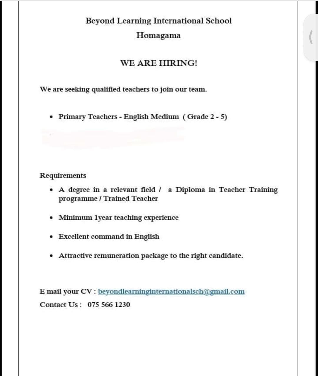 Primary Teacher Jobseeker Lk