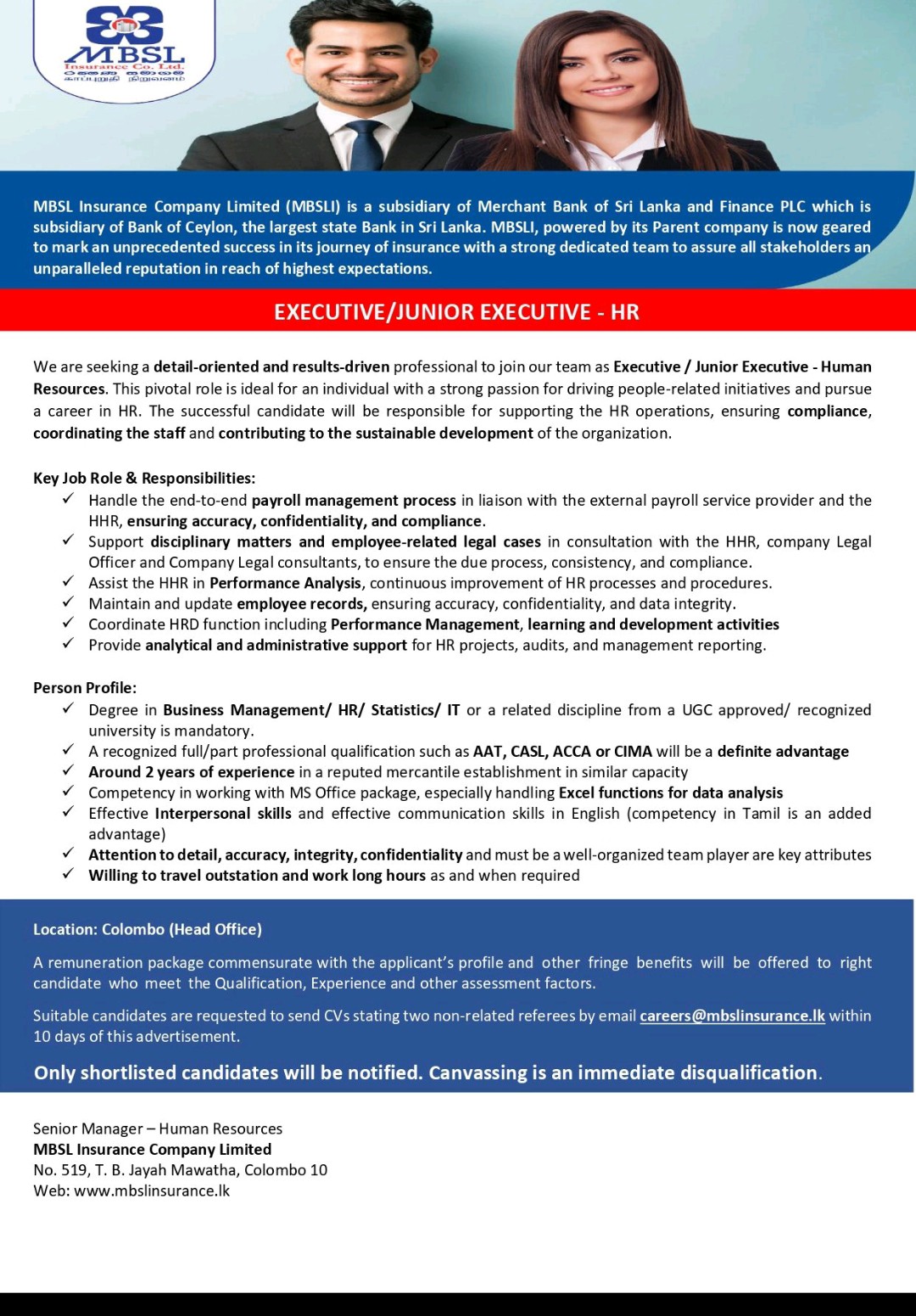 Executive/ Junior Executive - HR - Jobseeker.lk