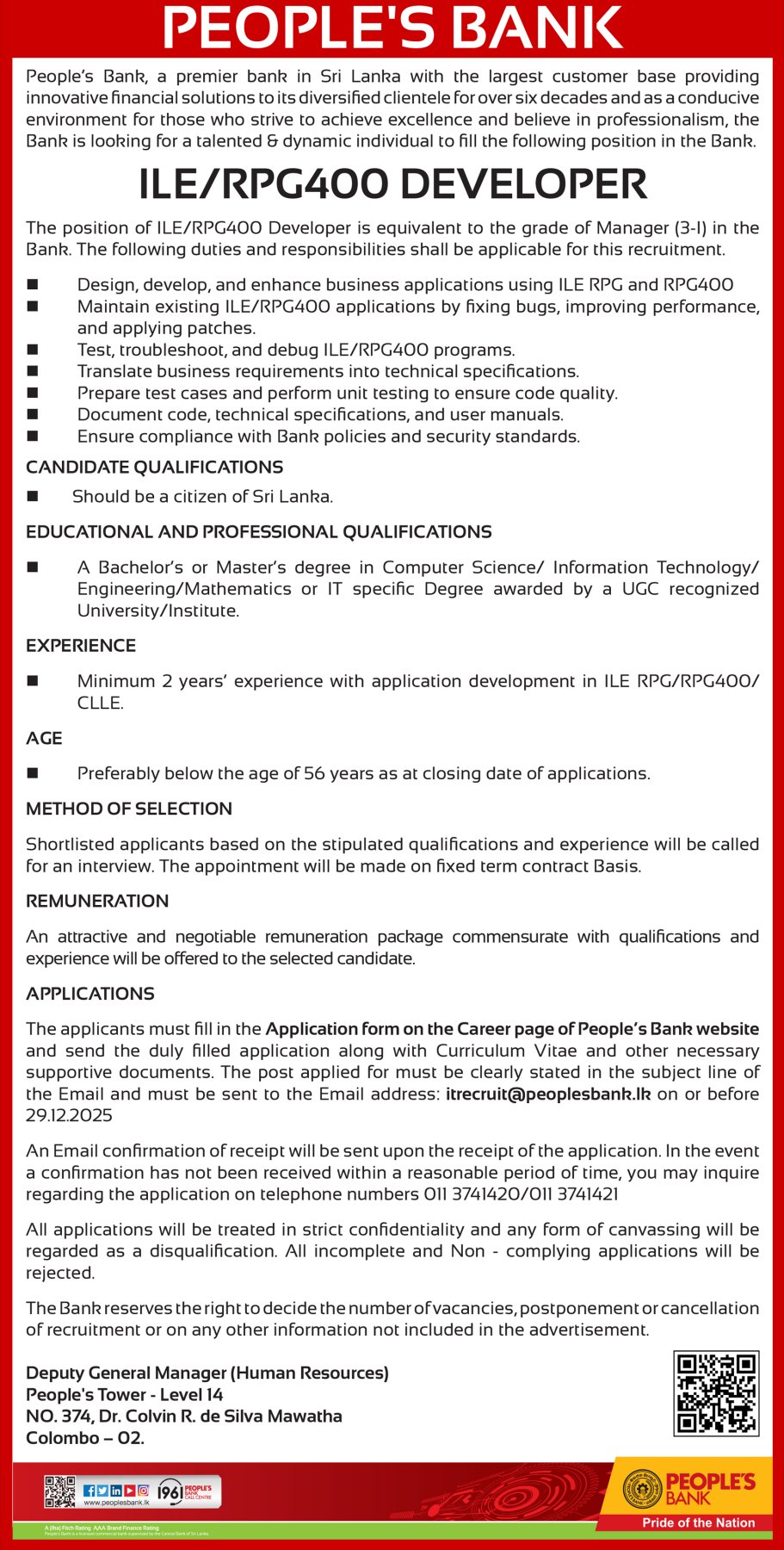 ILE/RPG 400 Developer - Jobseeker.lk